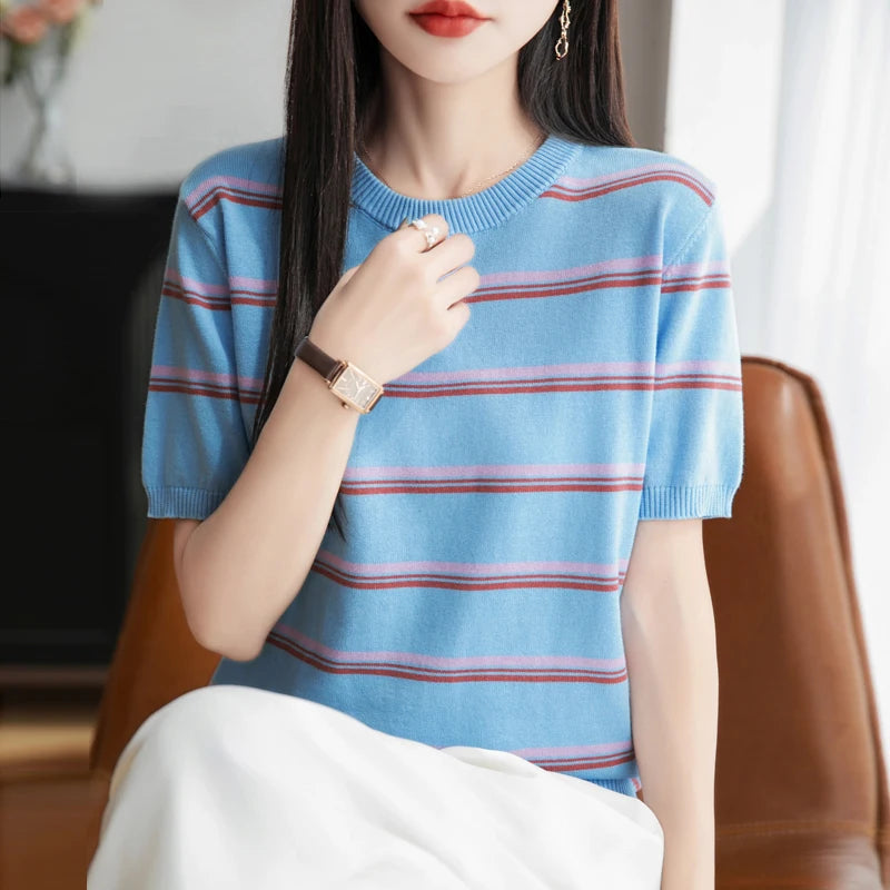 VILZSTUDIOS Striped Cotton Knitted Round Neck T-Shirt