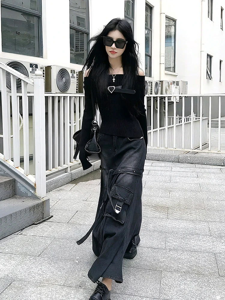 VILZSTUDIOS Vintage Black Denim Skirt with Pockets