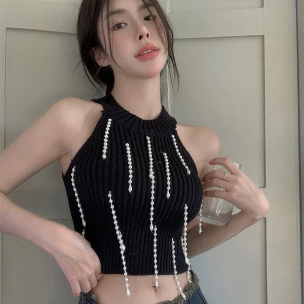 Elegant Beaded Slim Sleeveless Cropped Halter Top