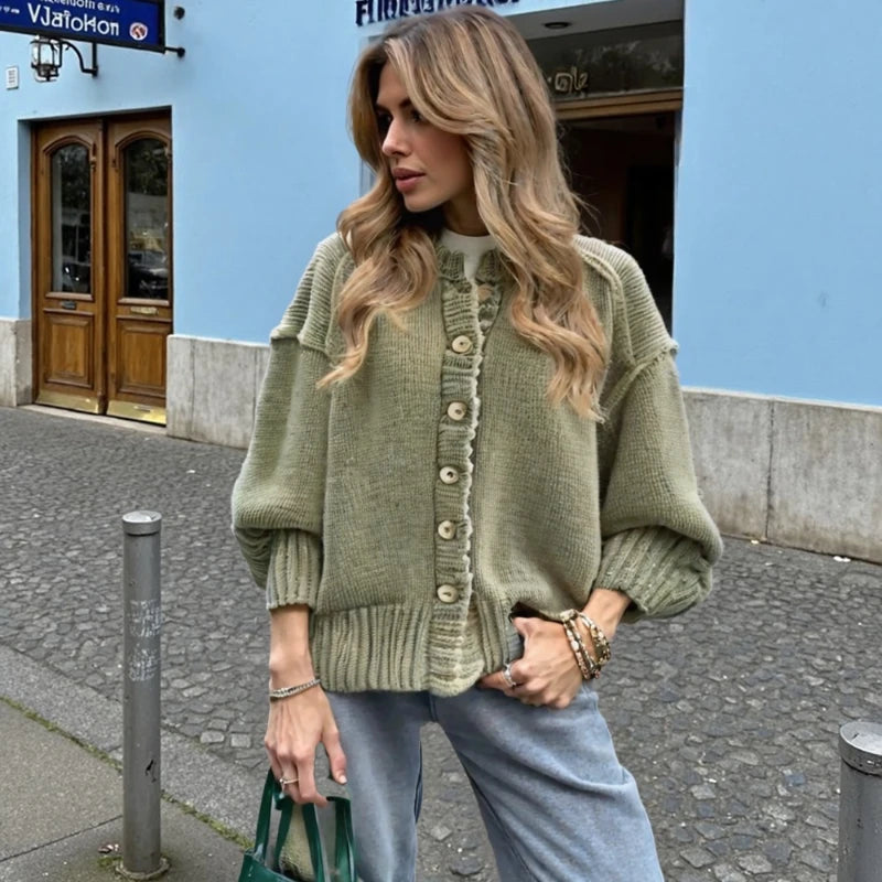 VILZSTUDIOS Fuzzy Warm Knit Button-Up Cardigan