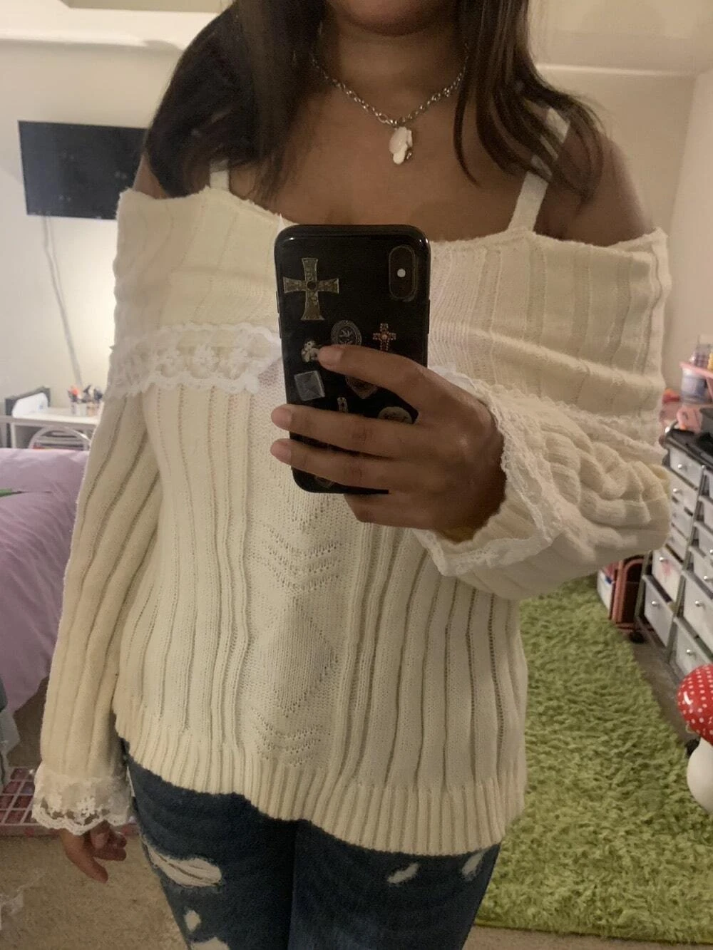 VILZSTUDIOS Pink Grunge Lace Off Shoulder Sweater