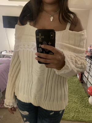 VILZSTUDIOS Pink Grunge Lace Off Shoulder Sweater