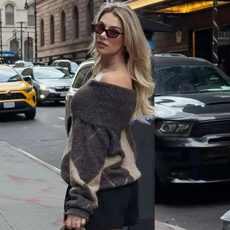 VILZSTUDIOS Chic Off-Shoulder Argyle Knit Sweater