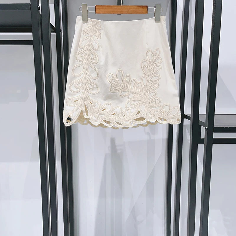 VILZSTUDIOS Chic Crochet Hollow Out Puff Sleeve Top and Mini Skirt Set