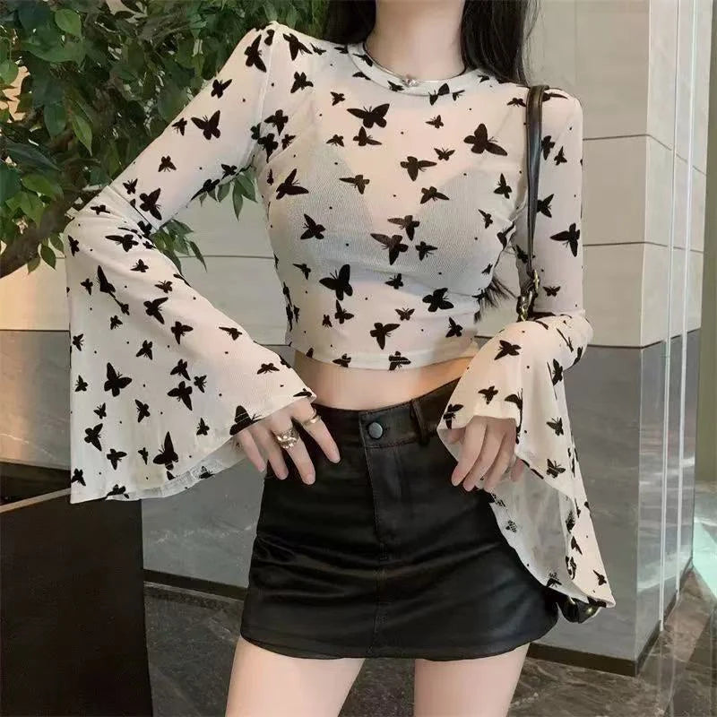 VILZSTUDIOS Lace Butterfly Embroidered Mesh Crop Top