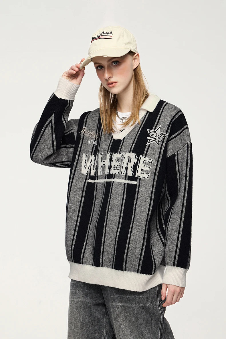 VILZSTUDIOS Cozy Retro Sporty Stripe Knit Sweater