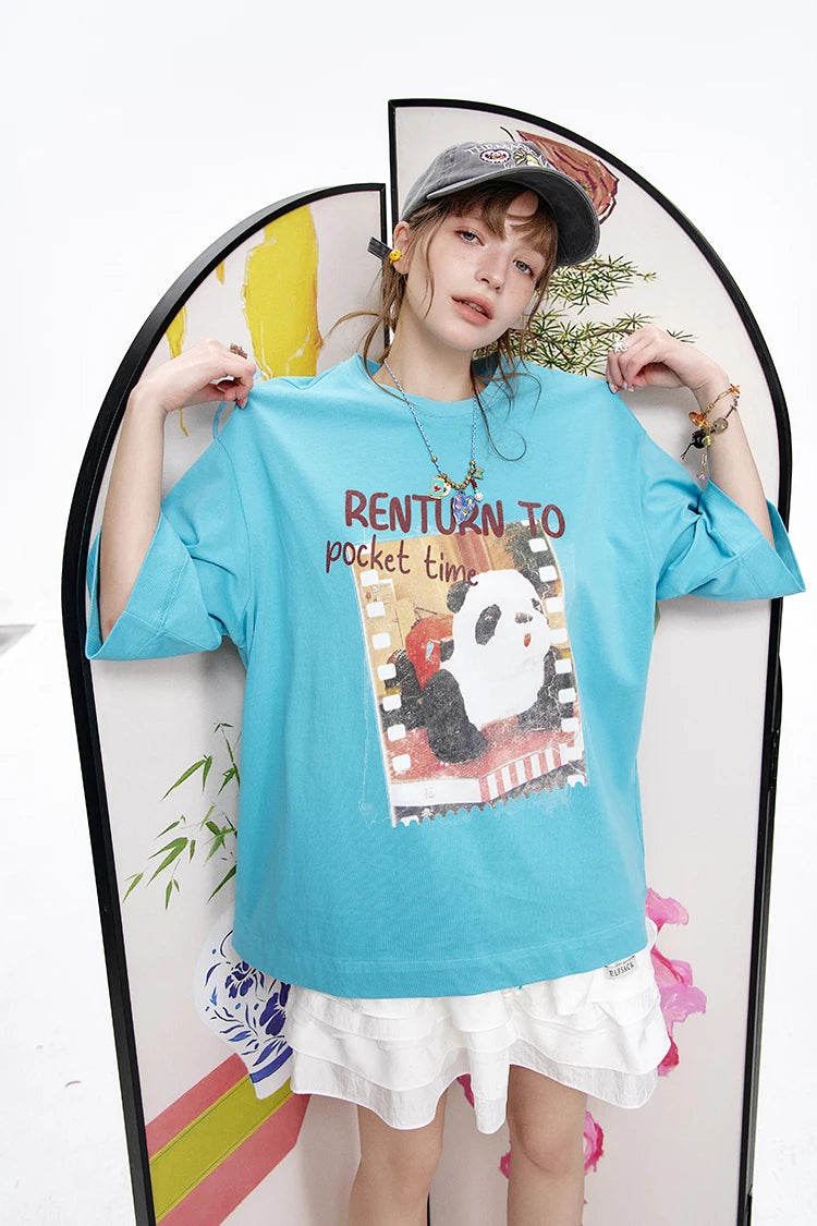 VILZSTUDIOS Panda Print Loose Short Sleeved T-Shirt