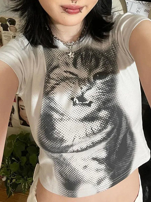 Cat Print Basic Cropped T-Shirt