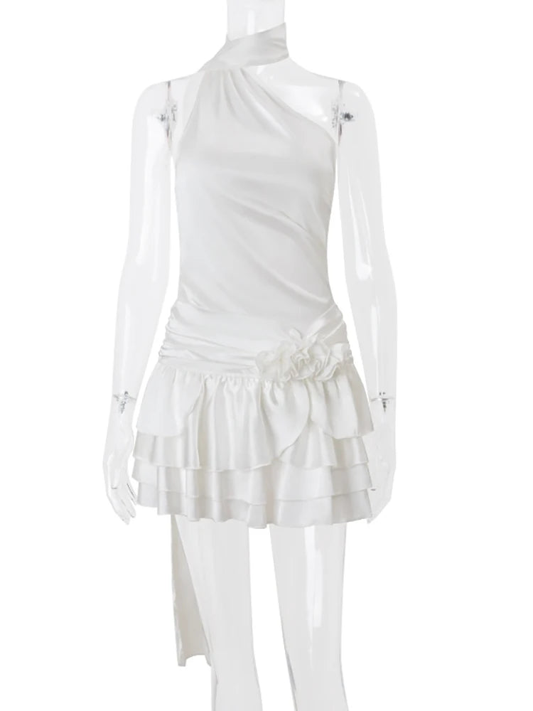 VILZSTUDIOS Elegant White Satin Backless Flower Dress