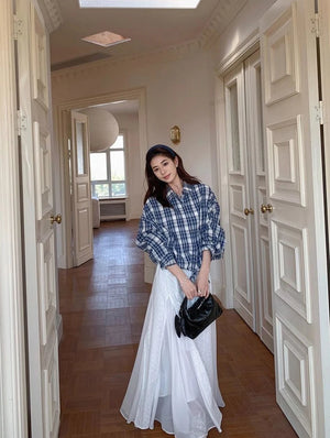 VILZSTUDIOS Blue Plaid Loose Drawstring Shirt