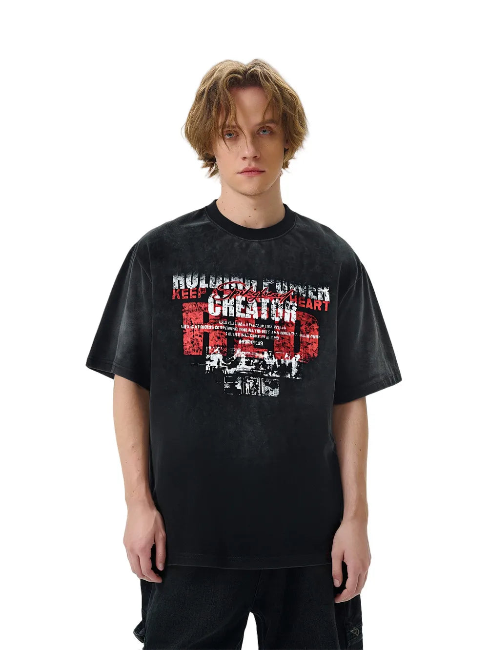 VILZSTUDIOS Vintage Distressed Print Short Sleeve T-Shirt