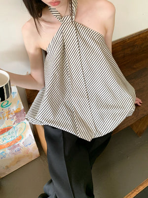 VILZSTUDIOS Halter Neck Puffy Striped Top