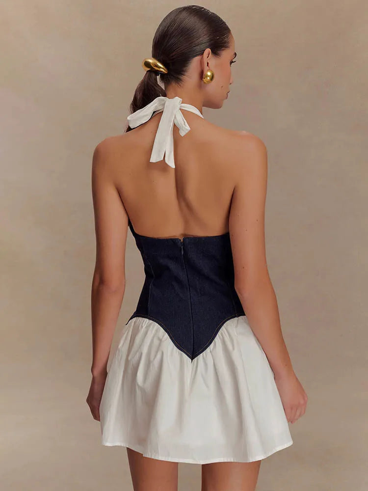 VILZSTUDIOS Contrast Color Sexy Patchwork Denim Dress