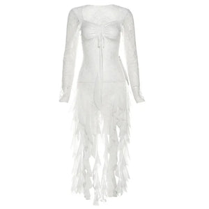 VILZSTUDIOS Sexy Mesh Lace Maxi Top with Ruffles