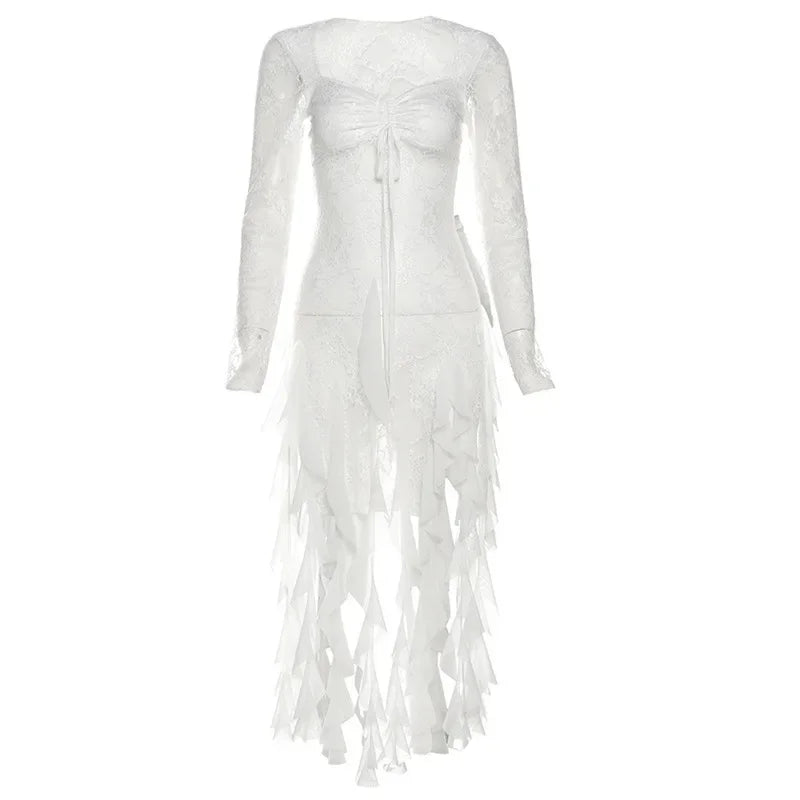 VILZSTUDIOS Sexy Mesh Lace Maxi Top with Ruffles
