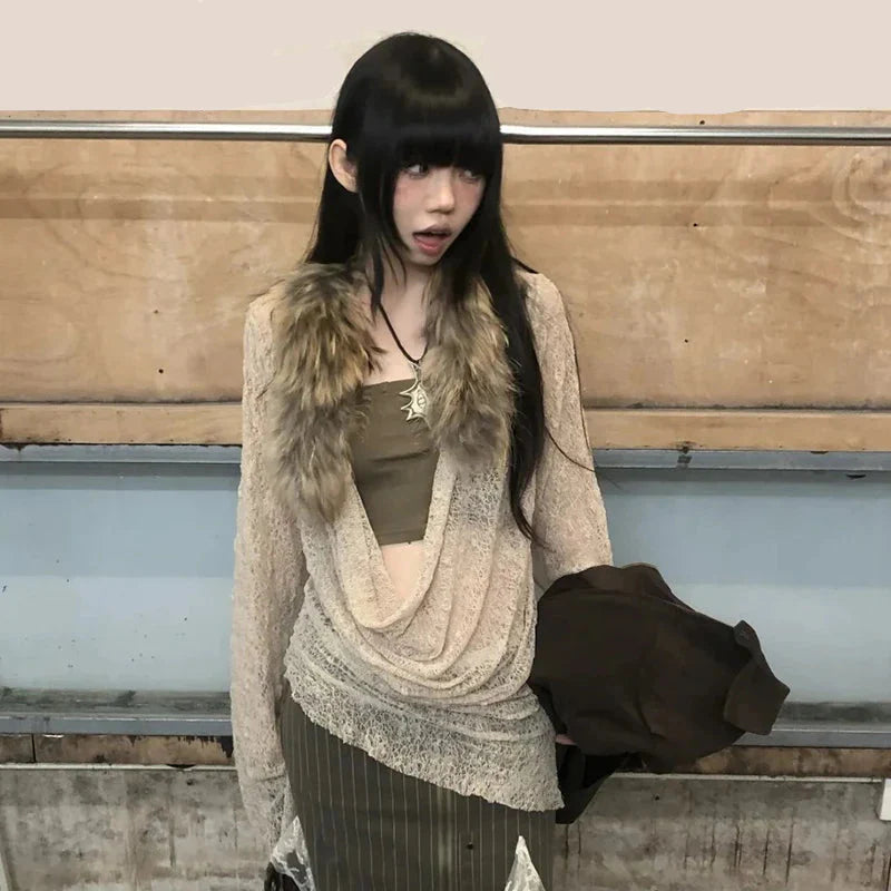 VILZSTUDIOS Vintage Lace Swing Collar T-Shirt
