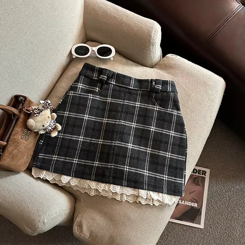 VILZSTUDIOS Plaid Lace Mini Skirt