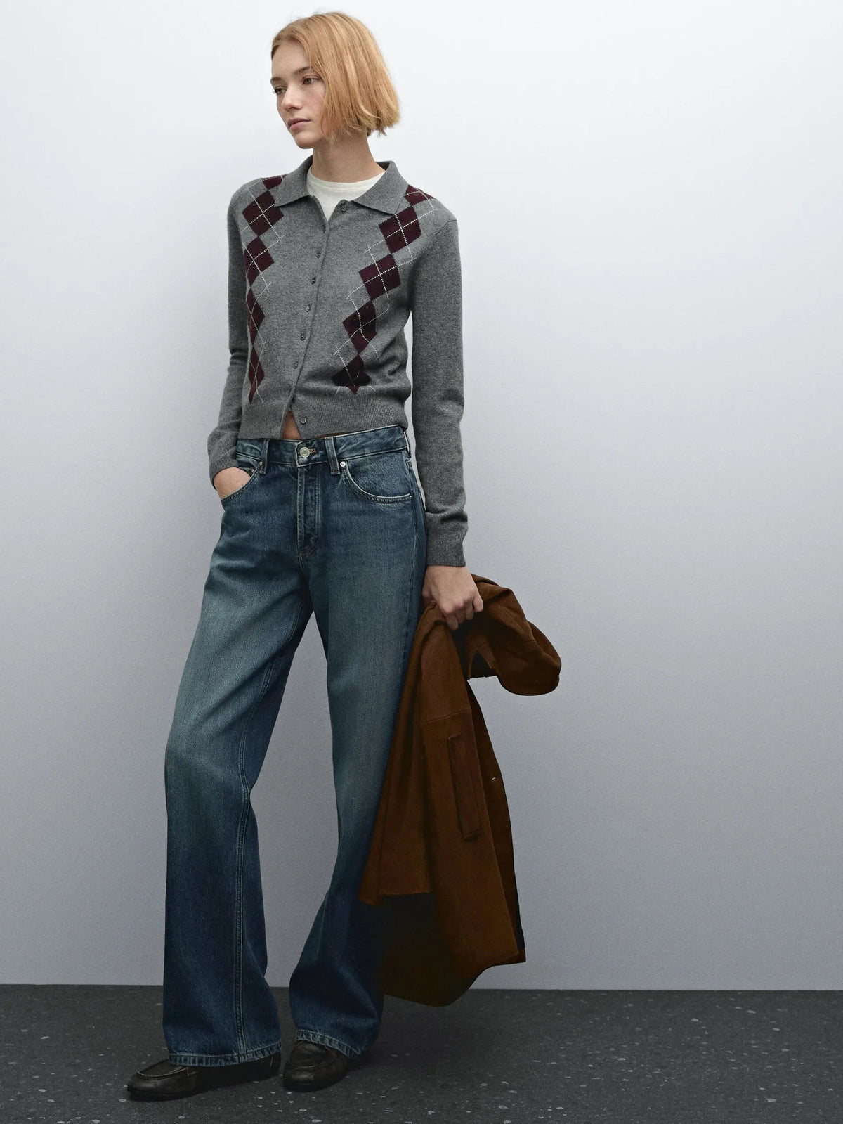 VILZSTUDIOS Grey Polo Collar Knitted Cardigan