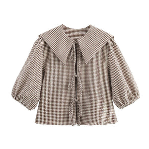 VILZSTUDIOS Vintage Plaid Print Puff Sleeve Shirt