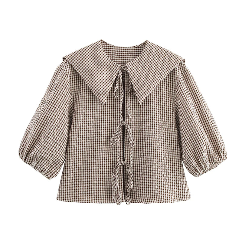 VILZSTUDIOS Vintage Plaid Print Puff Sleeve Shirt