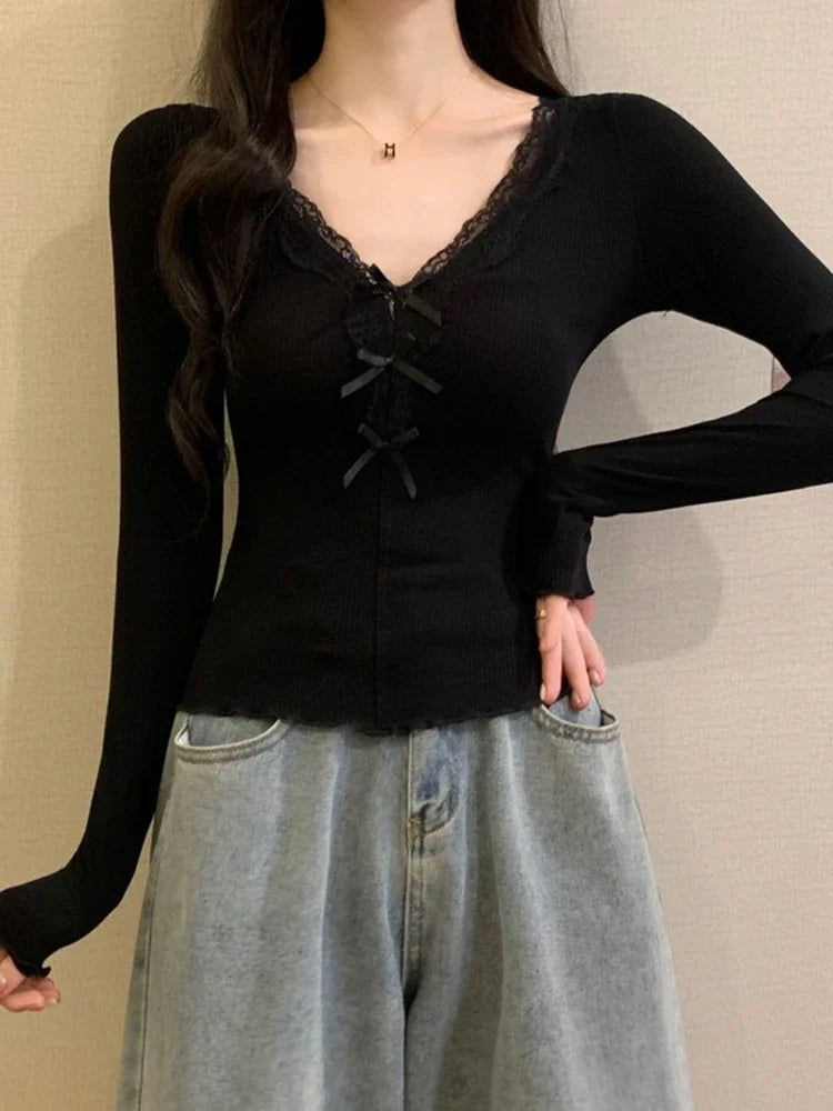 VILZSTUDIOS Sexy Bow Tie V-Neck Long Sleeve T-Shirt