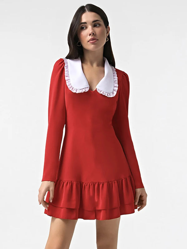 Ruffled Peter Pan Collar Red Dress