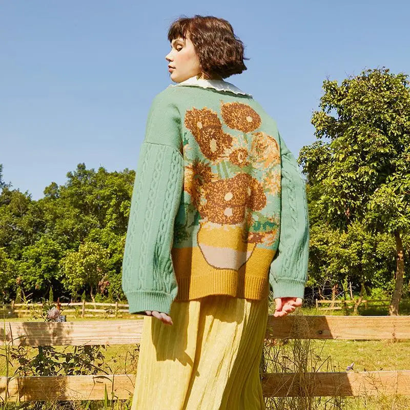 VILZSTUDIOS Vintage Van Gogh Sunflower Embroidered Cardigan