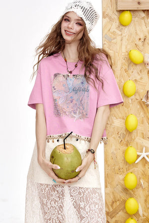 VILZSTUDIOS Chic Shell Tassel Print Loose T-Shirt