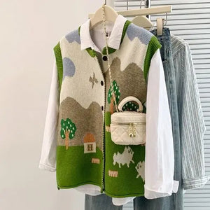 VILZSTUDIOS Oversized Jacquard Knit Sleeveless Cardigan