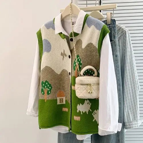 VILZSTUDIOS Oversized Jacquard Knit Sleeveless Cardigan