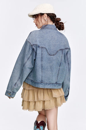 VILZSTUDIOS Stylish Embroidered Flower Button Denim Jacket