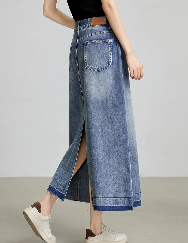 VILZSTUDIOS Contrasting Color Open Back Denim Skirt