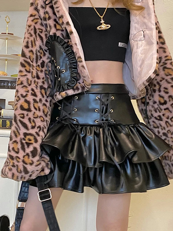 Lace Up Black Leather Mini Skirt