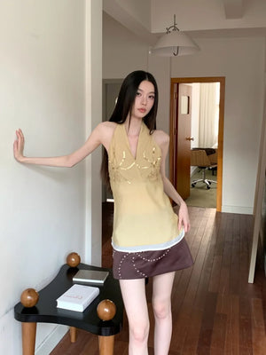 VILZSTUDIOS Vibrant Yellow Sequin Halter Top