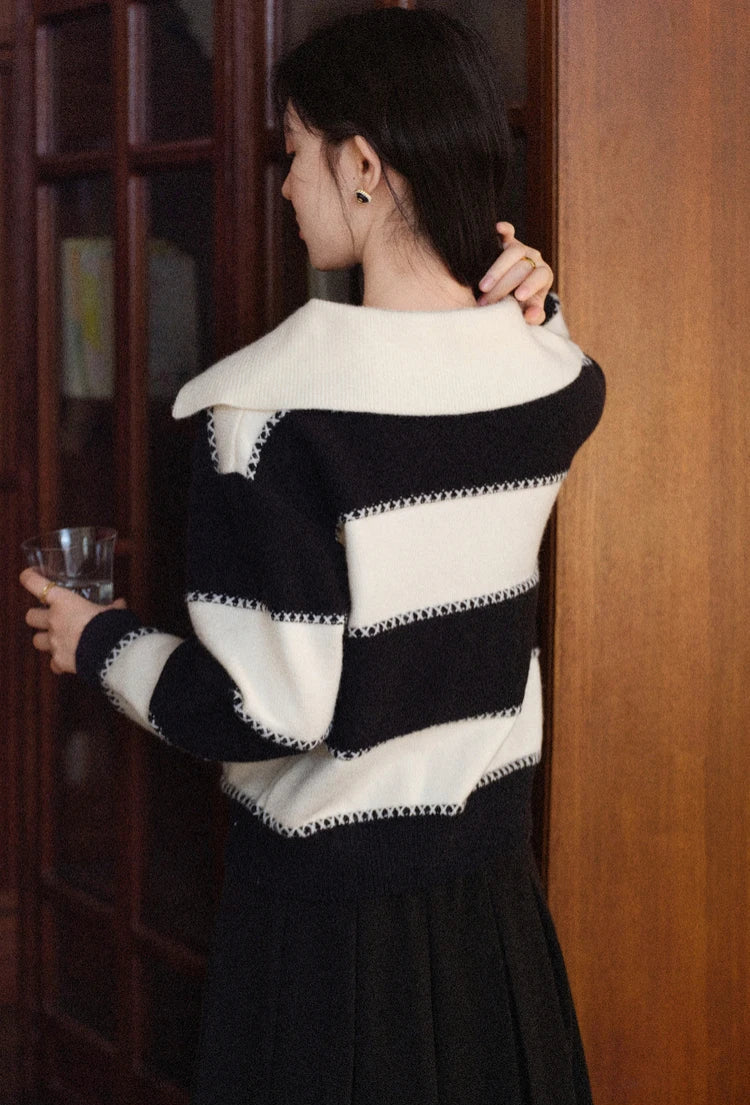 VILZSTUDIOS Striped Patchwork Buttoned Knit Sweater