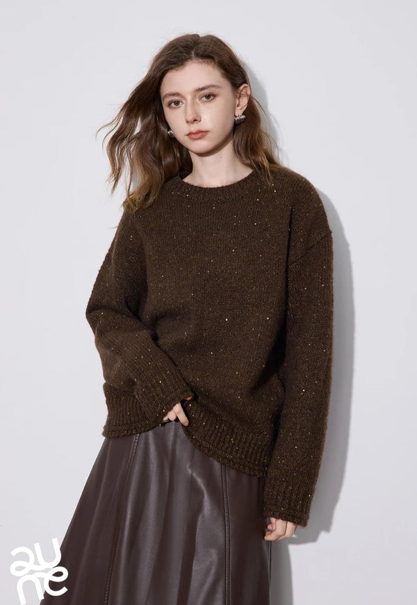 Sparkling Bead Camel Velvet Knit Sweater