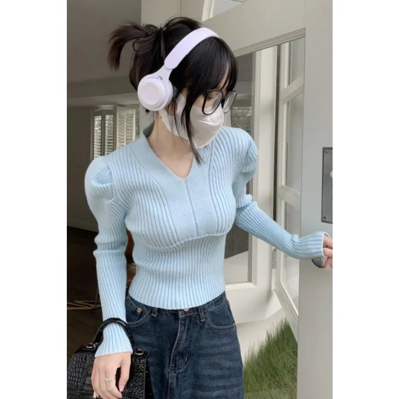VILZSTUDIOS Elegant V-Neck Puff Sleeve Knit Sweater