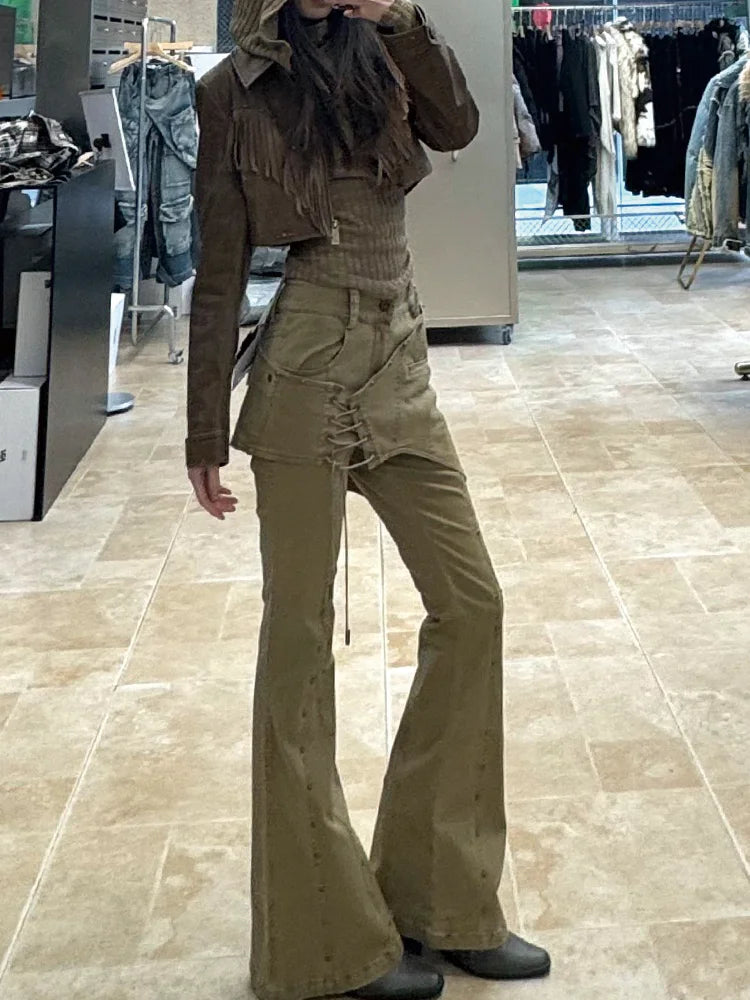 VILZSTUDIOS Vintage Khaki Flare Pants Retro Pants