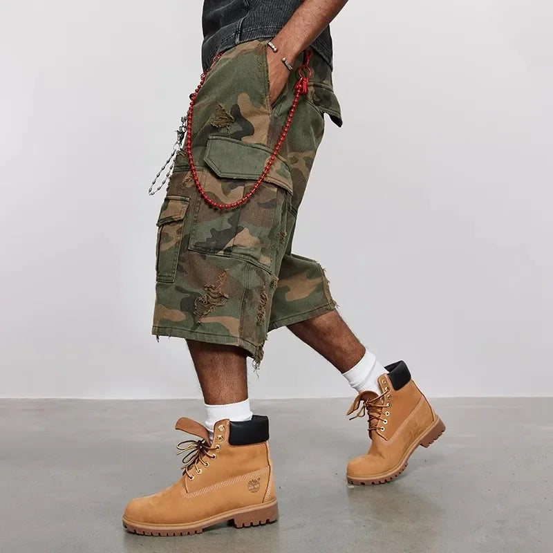 VILZSTUDIOS Grinding Camouflage Destroyed Washed Wide Shorts