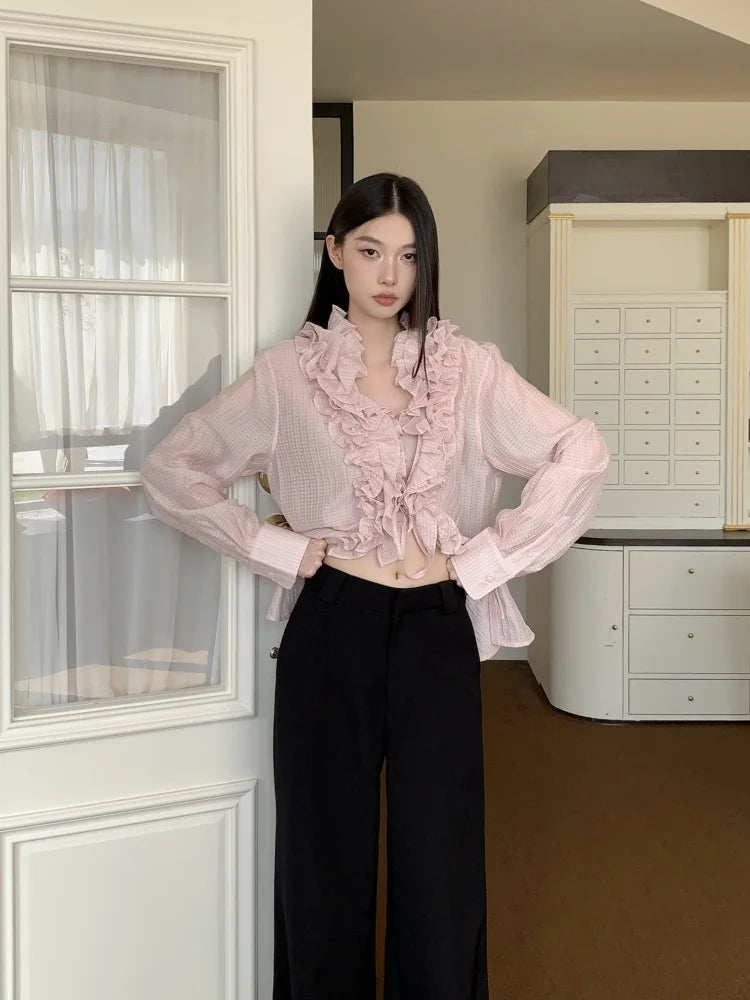 VILZSTUDIOS Ruffled Sheer Long Sleeve Designer Shirt