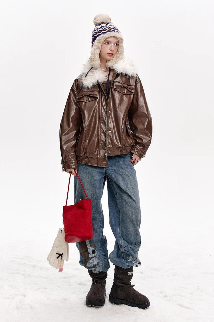 VILZSTUDIOS Plush Collar Spliced PU Jacket