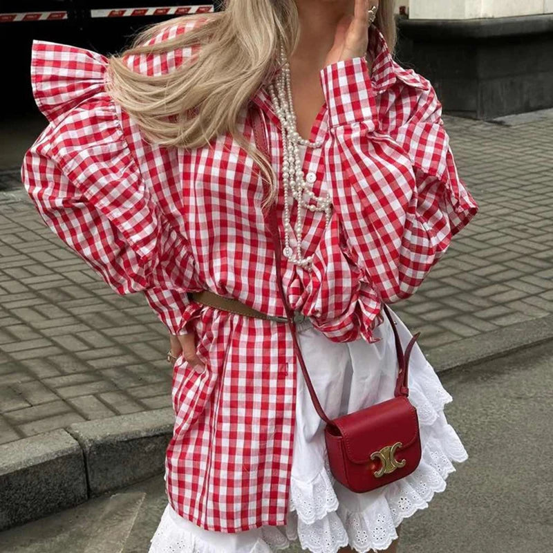 VILZSTUDIOS Plaid Print Ruffled Lapel Blouse