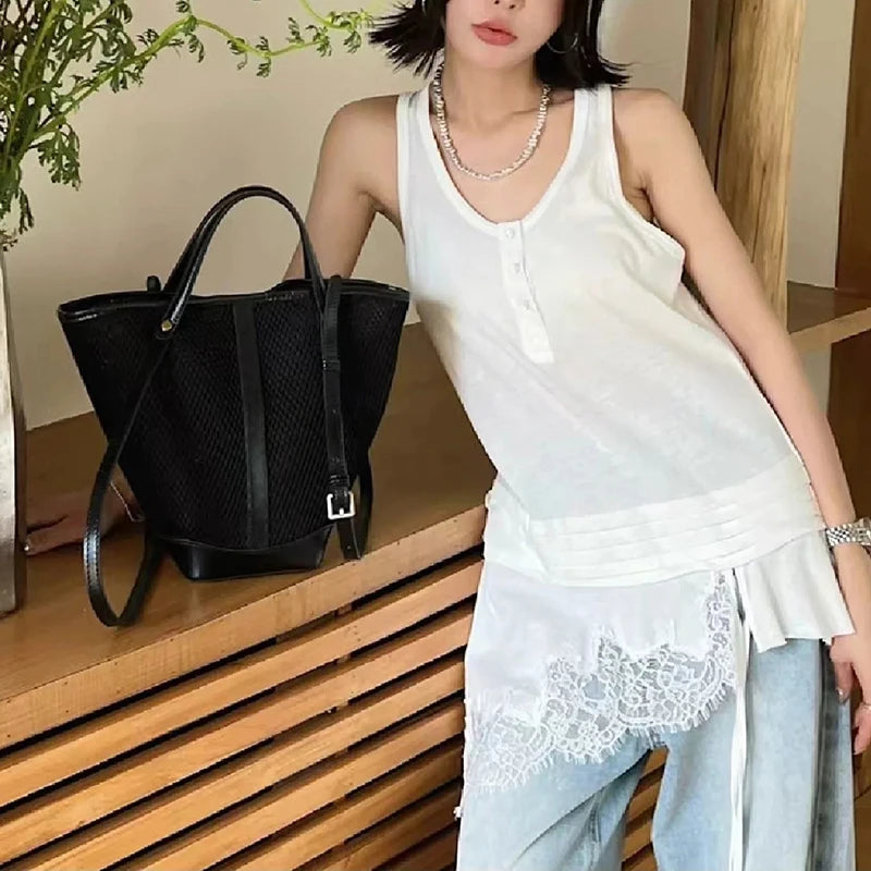 VILZSTUDIOS Sleeveless White Splicing Lace Blouse