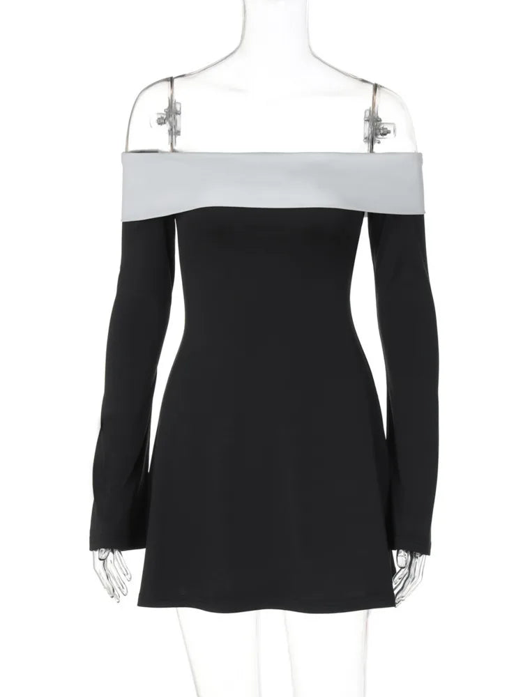 VILZSTUDIOS Elegant Patchwork Off-Shoulder Mini Dress Women