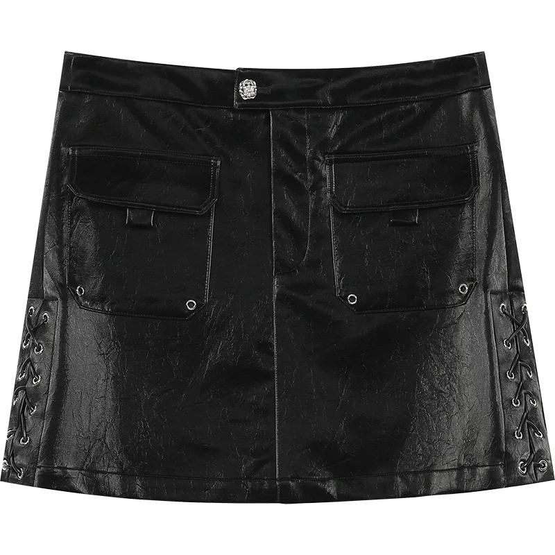 VILZSTUDIOS Black Sweet A-Line PU Leather Skirt