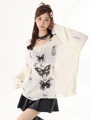 VILZSTUDIOS Graffiti Butterfly Hollow-out Knit Top