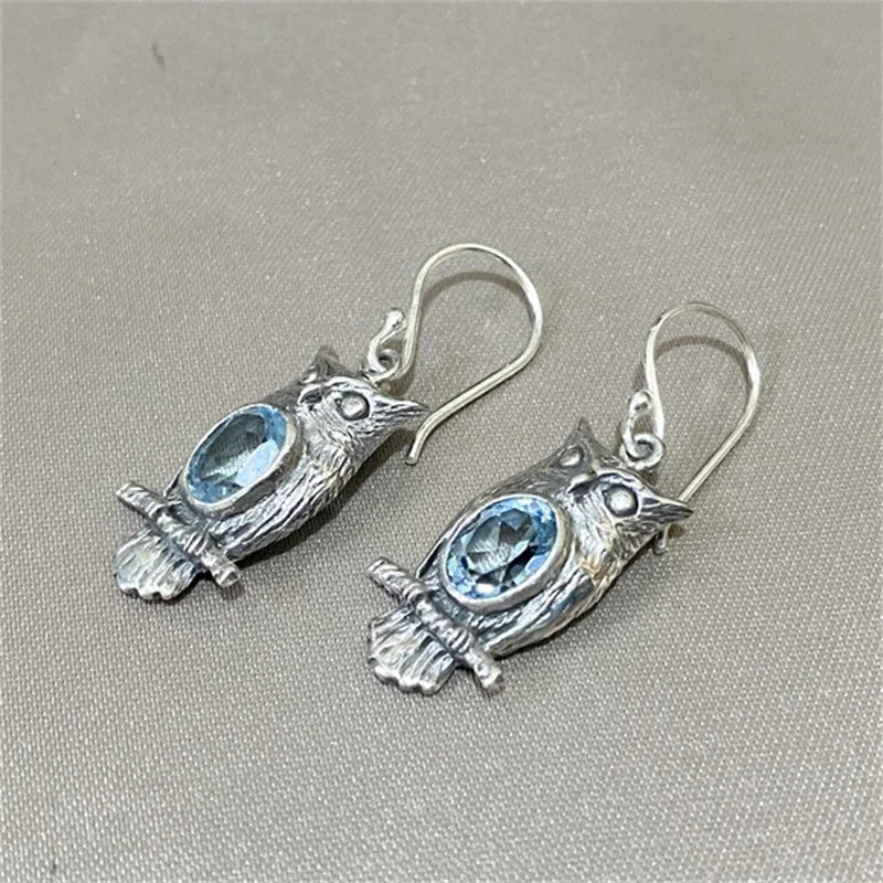 VILZSTUDIOS Vintage Silver Owl Blue Earring