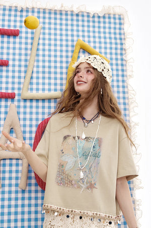 VILZSTUDIOS Chic Shell Tassel Print Loose T-Shirt