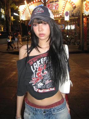 VILZSTUDIOS Gothic Letter Print Cropped Off Shoulder T-Shirt