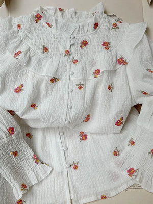 VILZSTUDIOS Ruffled Floral Print Lantern Sleeve Blouse